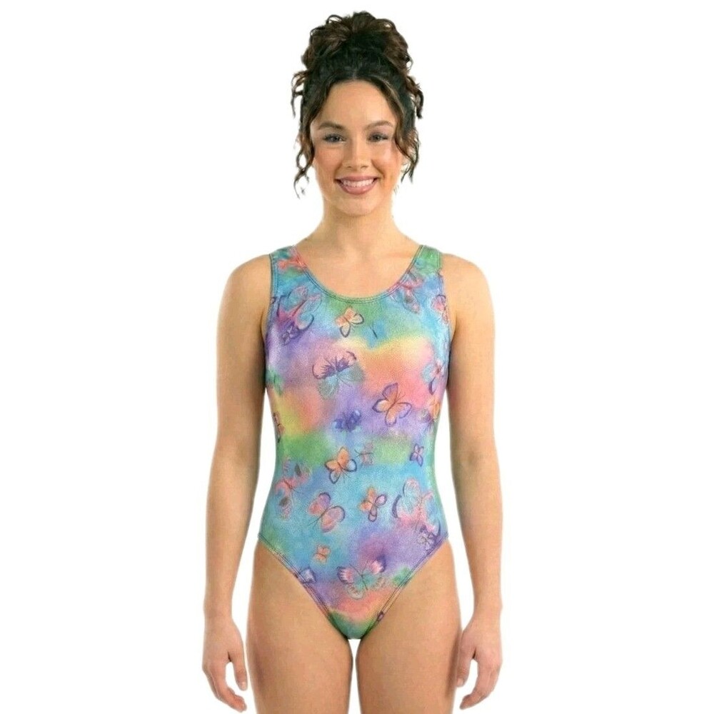 Satara VTG Neon Tie Dye Butterfly Sparkle Accent Tank Crossback Leotard Size AL - Picture 2 of 16